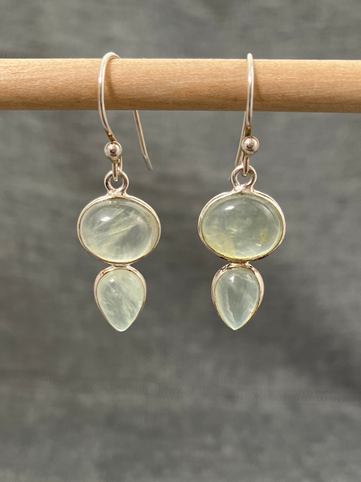 Prehnite Oval And Pear Earrings