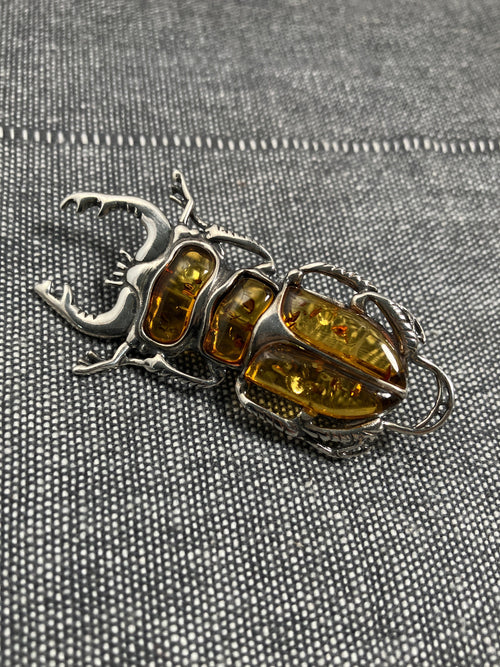 Amber Stag Beetle Brooch