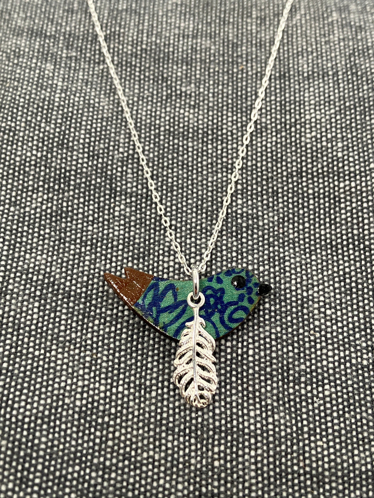 Wood Teal Birdie Necklace