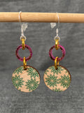 Wood And Shimmer Pink Green Disc Earrings