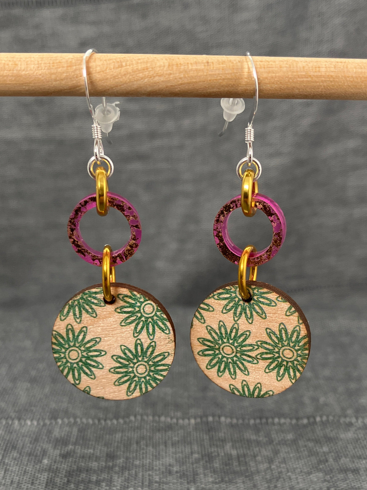 Wood And Shimmer Pink Green Disc Earrings