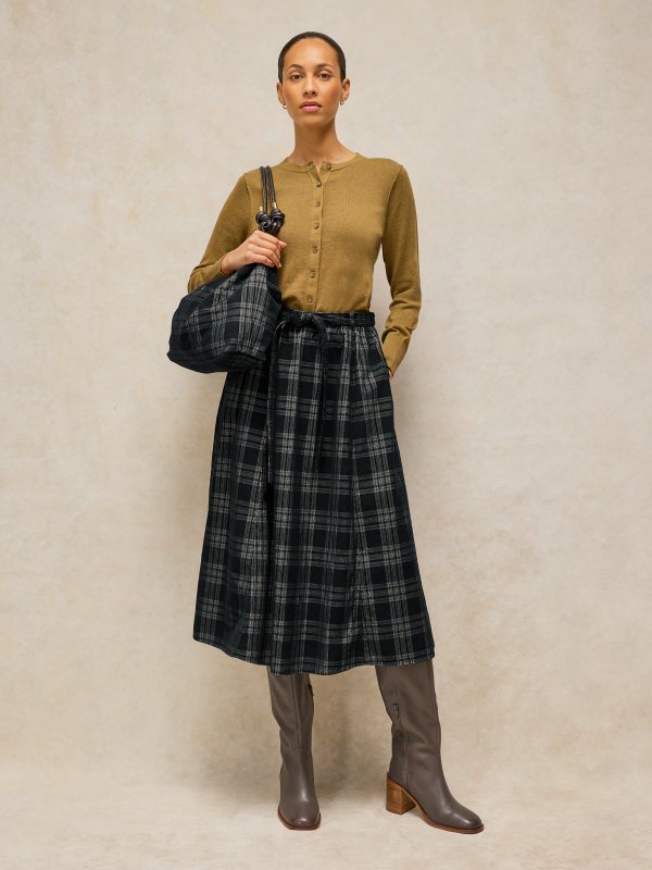 Annika Cord Check Midi Skirt Black
