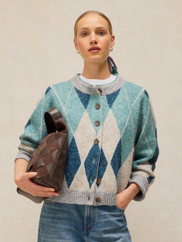 Argyle Check Cardi Blue Mlt
