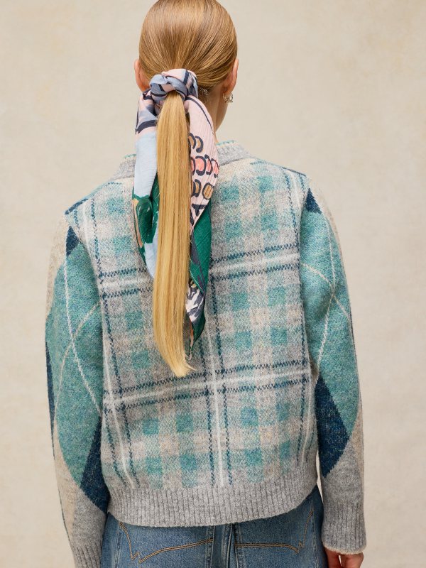 Argyle Check Cardi Blue Mlt