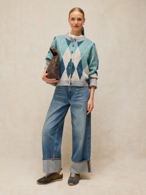 Argyle Check Cardi Blue Mlt