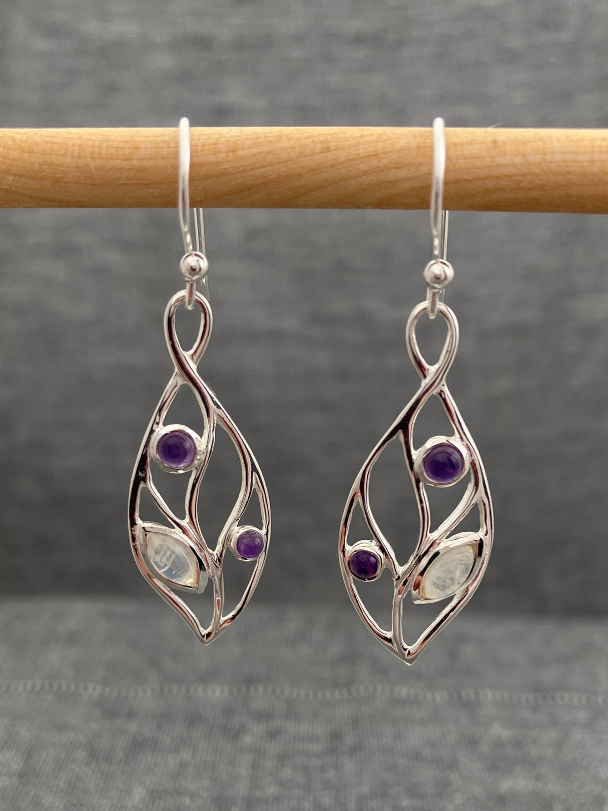 Moonstone And Amethyst Leaf Earrings