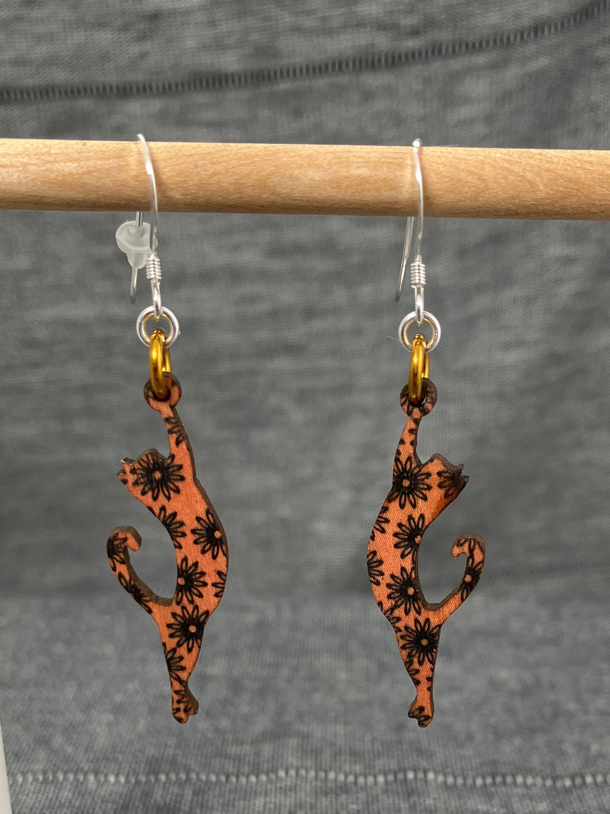 Wood Orange Cat Earrings