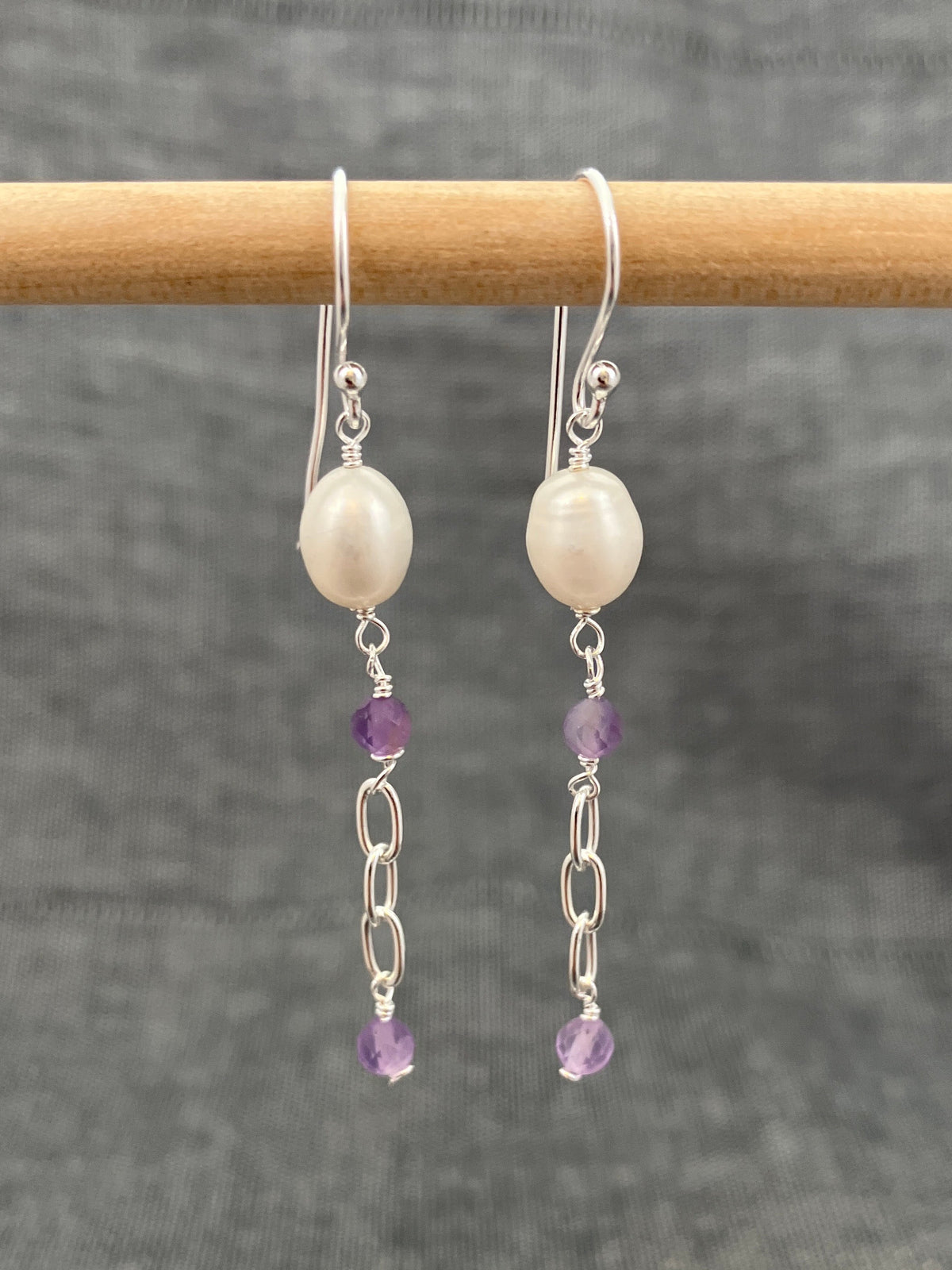 Amethyst And Pearl Chain Earrings