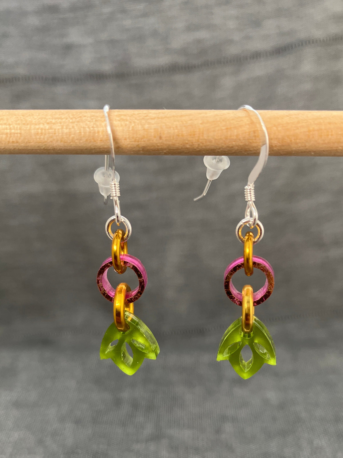 Shimmer Pink Green Leaf Earrings