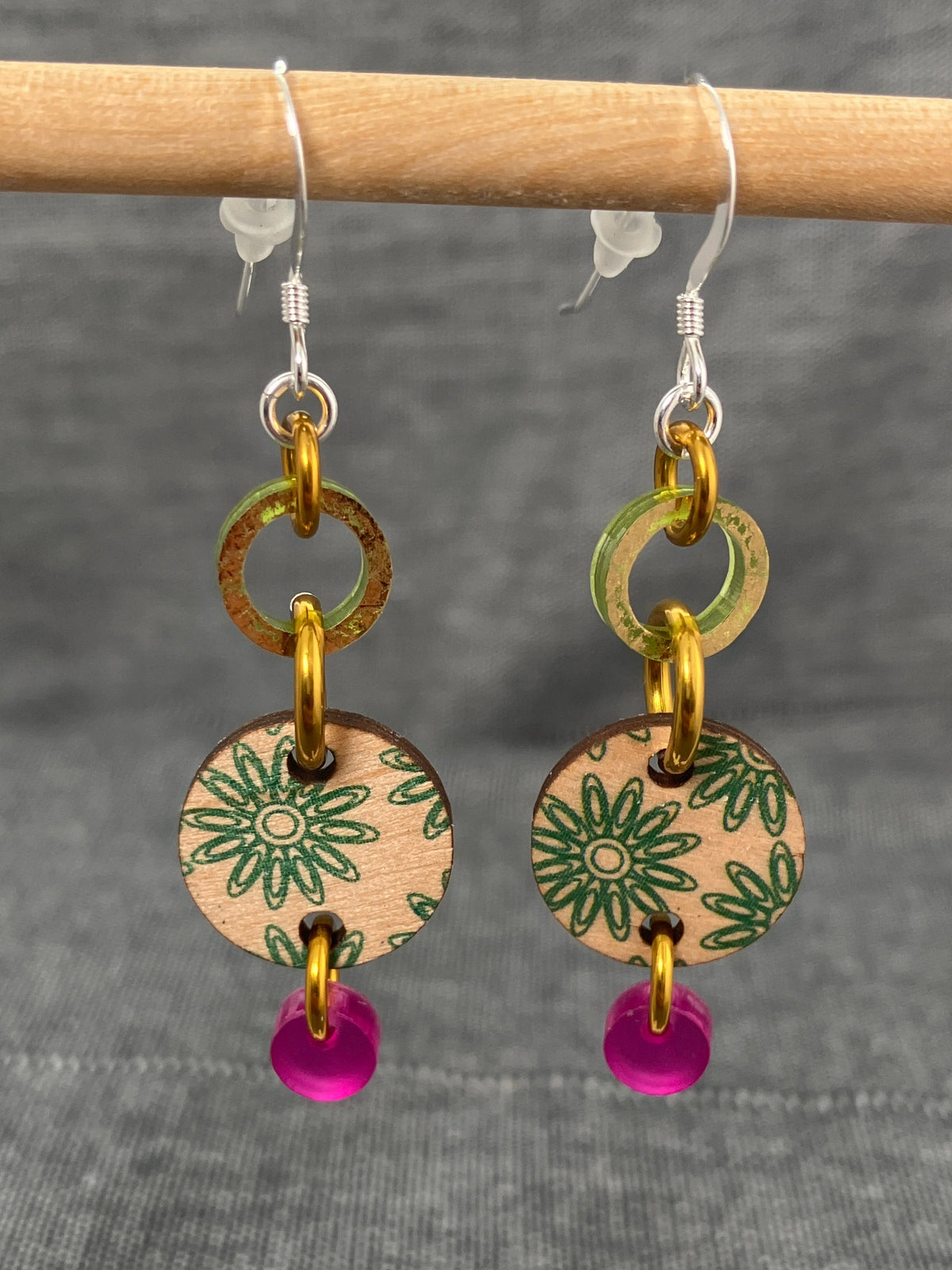 Wood And Shimmer Triple Green Disc Earrings