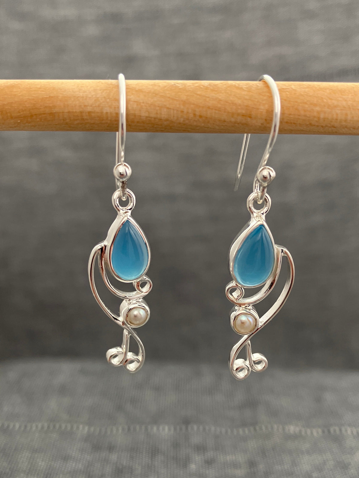 Pearl And Chalcedony Curlicue Earring