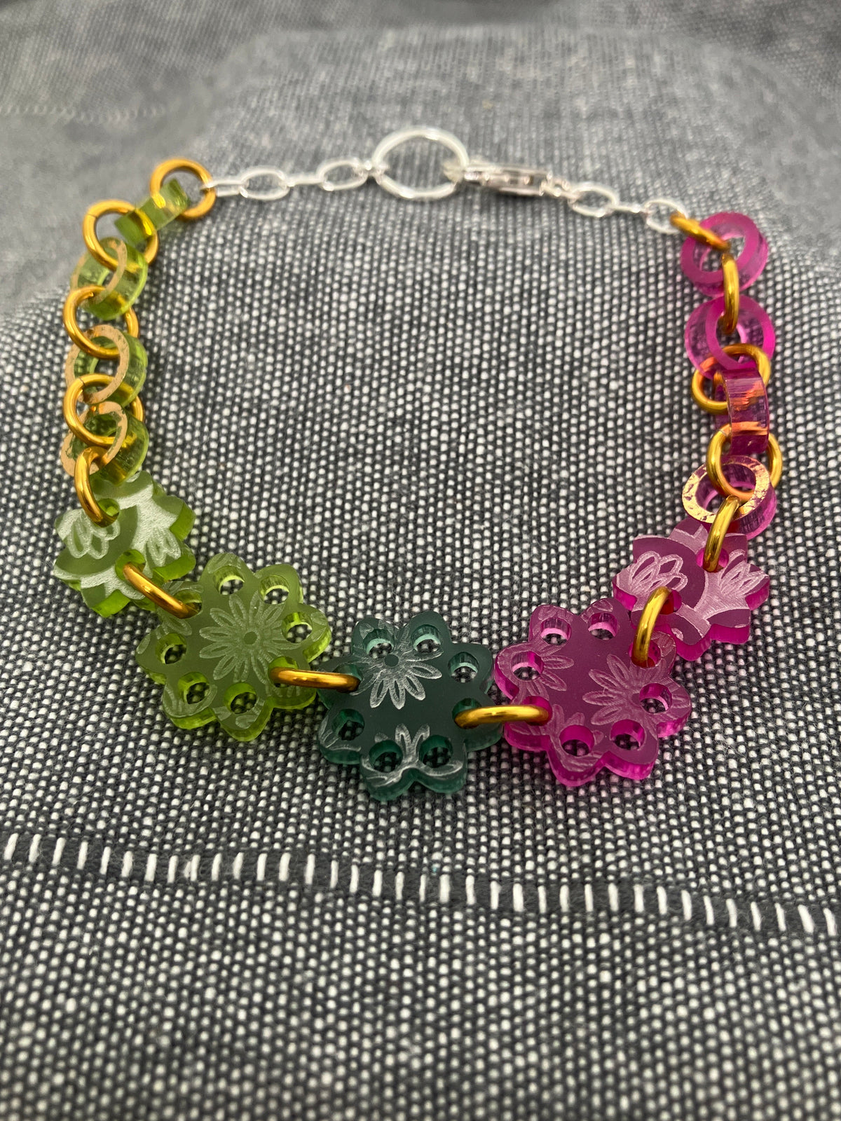 Shimmer Pink Green Flower Bracelet