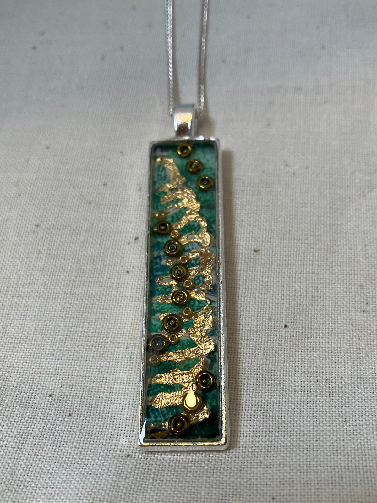 Long Rectangle Green And Gold Fern Necklace