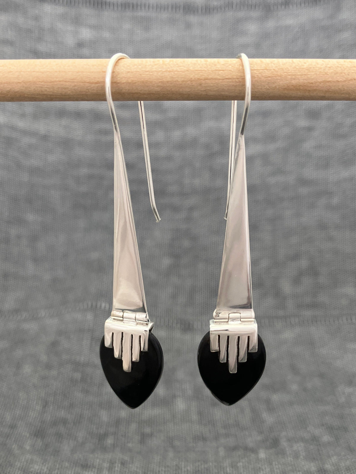 Black Onyx Long Hinged Earrings