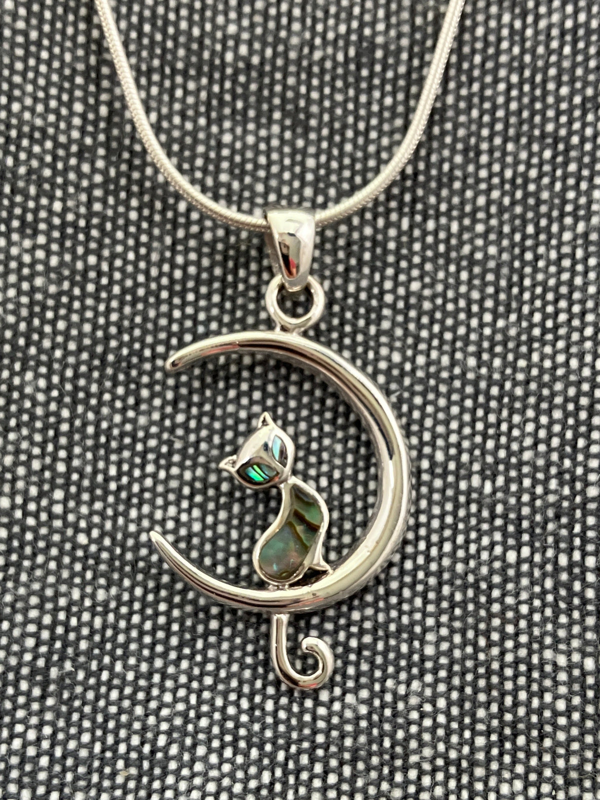 Paua Shell Cat In A Moon Pendant