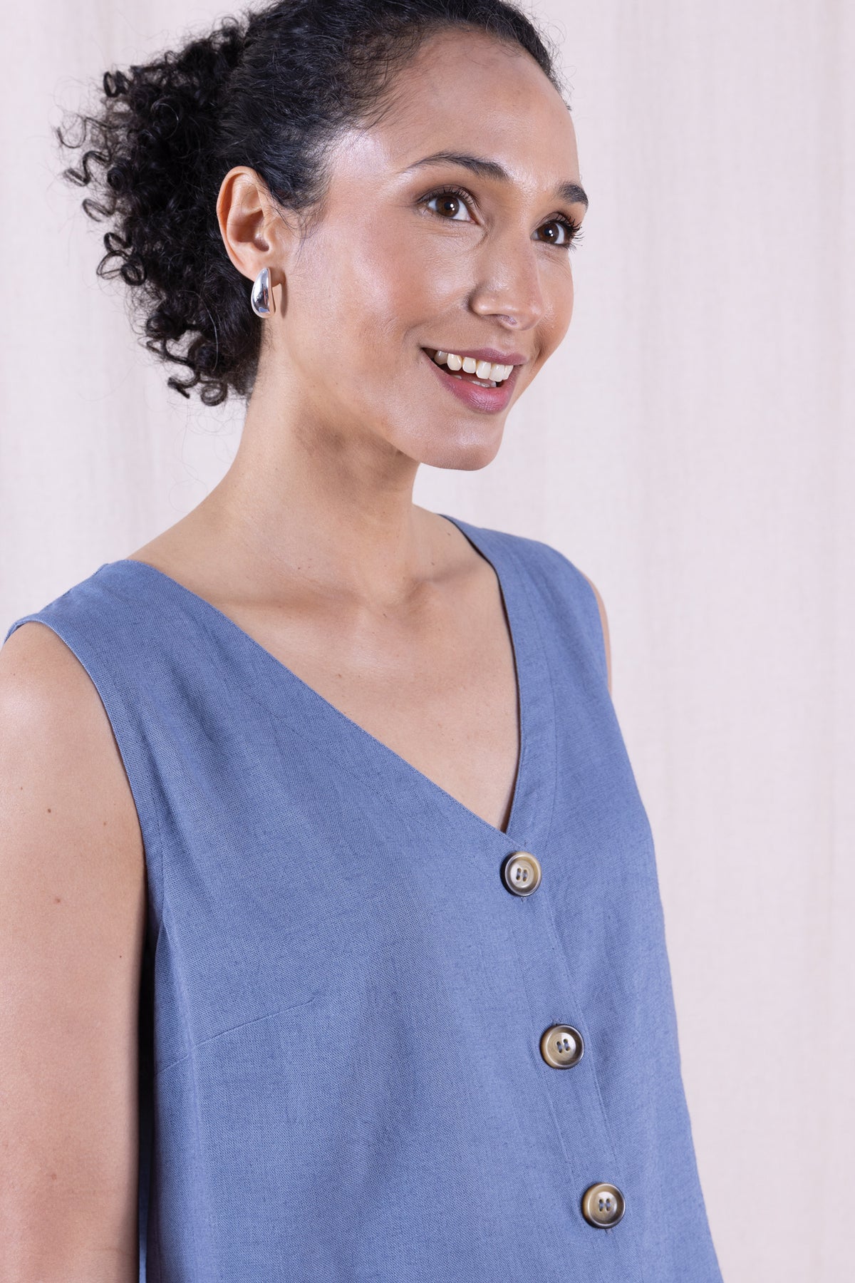 Linen Button Vest Cornflower